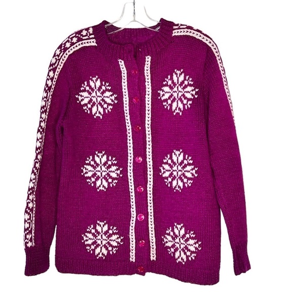 HAND-KNIT Vintage Snowflake Cardigan Sweater Magenta Purple Women's Size S - Picture 13 of 15